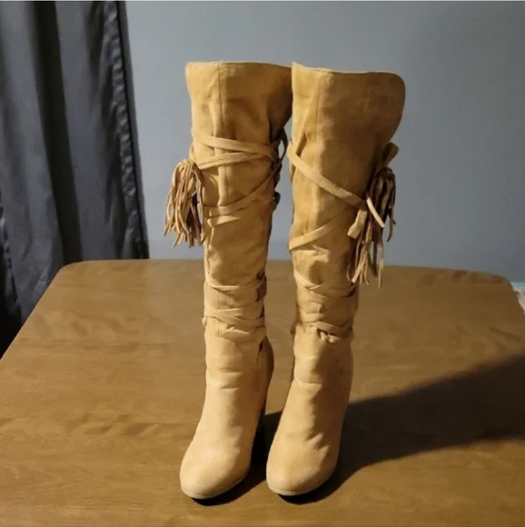Tan Suede Knee-High Boots - Picture 1 of 9